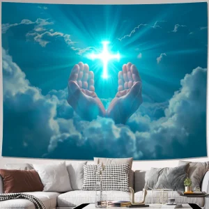 1pc Shiny Raise Hands Prayer Luminous Cross Tapestry Living Room Bedroom Office Home Room Decoration Background Cloth