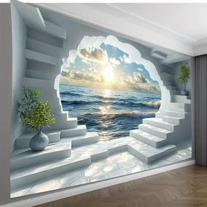 Seaside Window Scene Tapestry - Soft polyester wall art with vibrant ocean scenery, hand-stitched edges, bedroom and home decor
